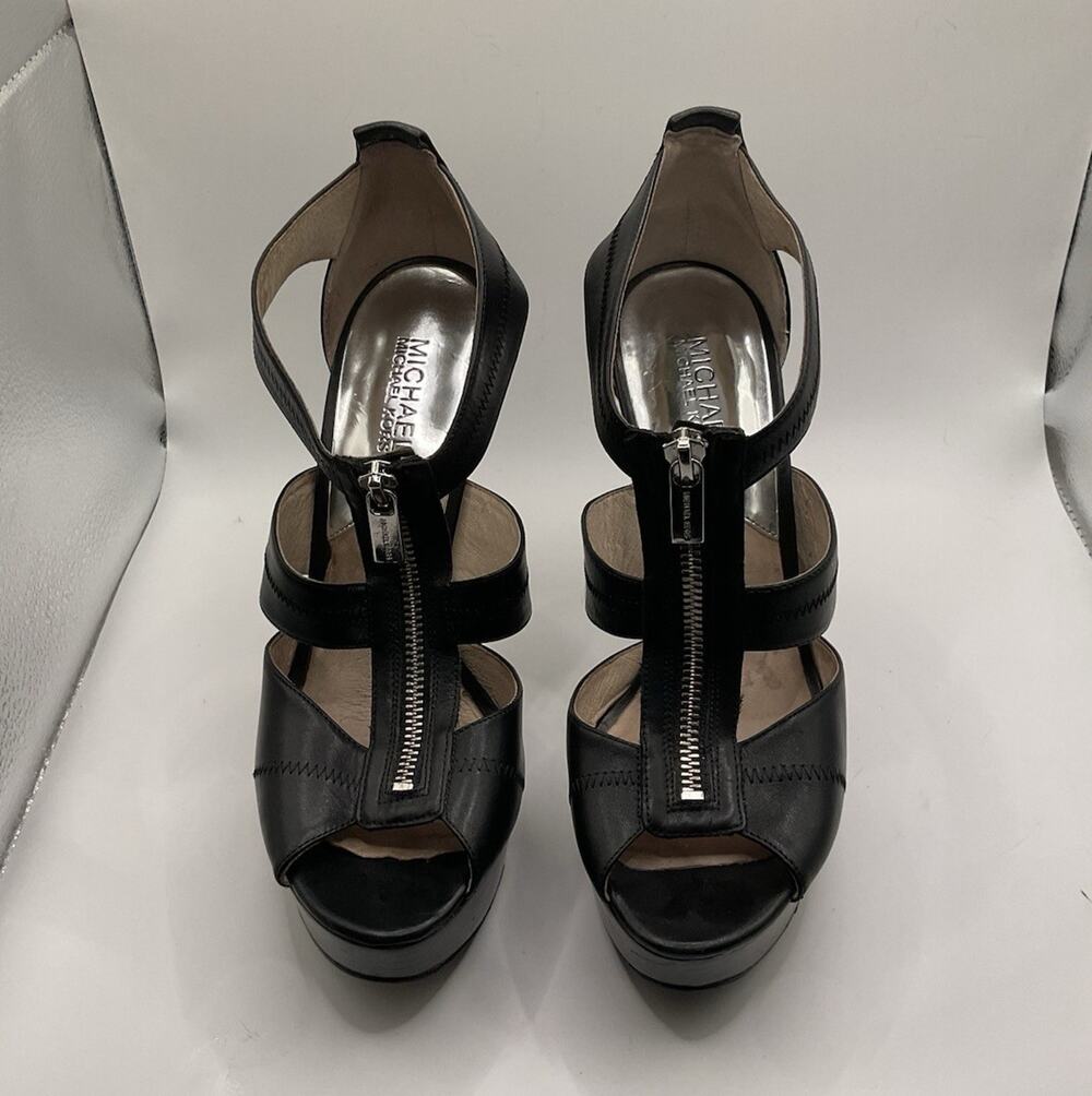 MICHAEL Michael Kors Black Leather Platform Open Toe Stiletto Zip Straps 9